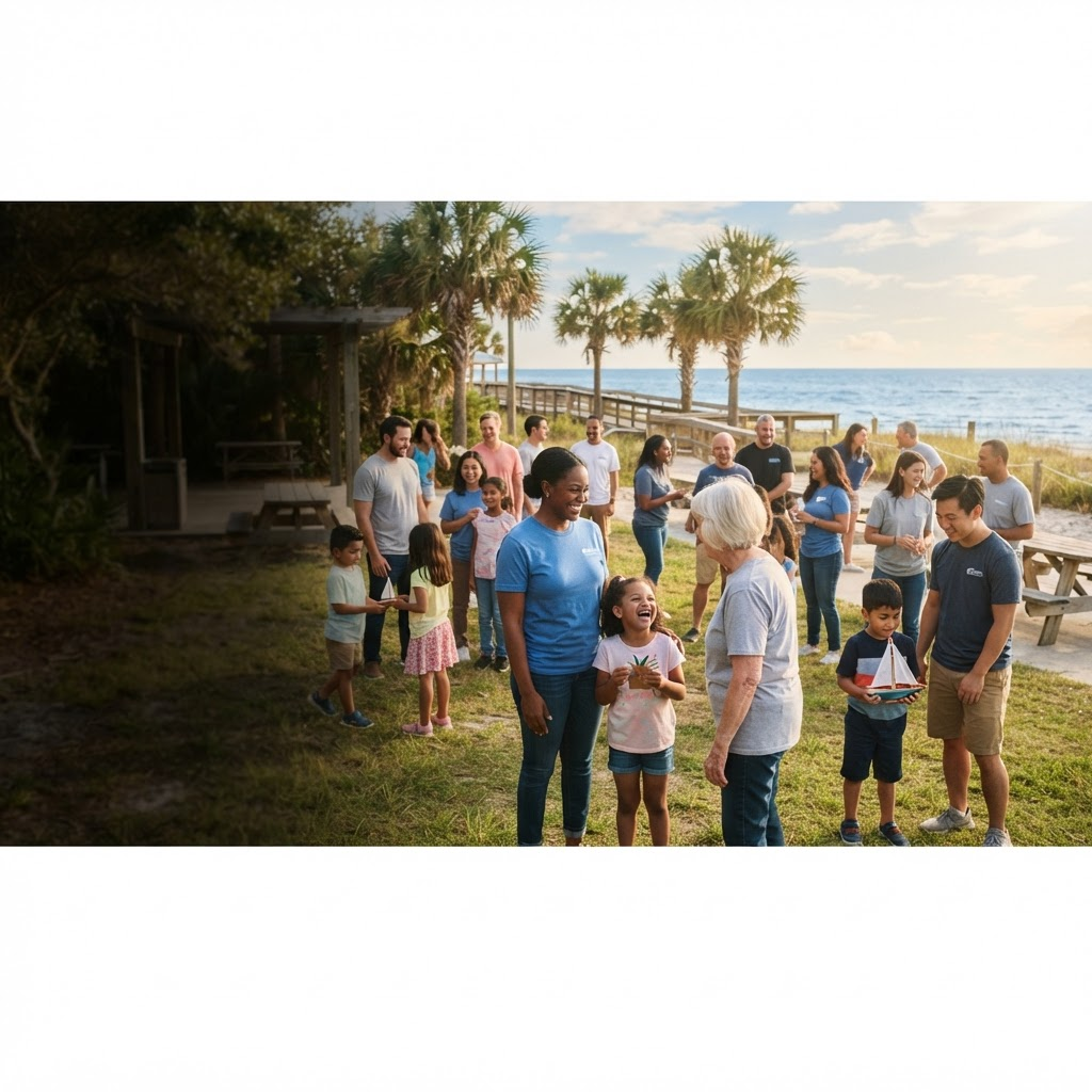 Families and volunteers gathered together in a coastal Florida community